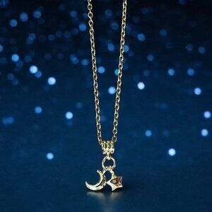 Moon and Star Tiny Charm Pendant Necklace Celestial Night Sky NWT 18K Gold
